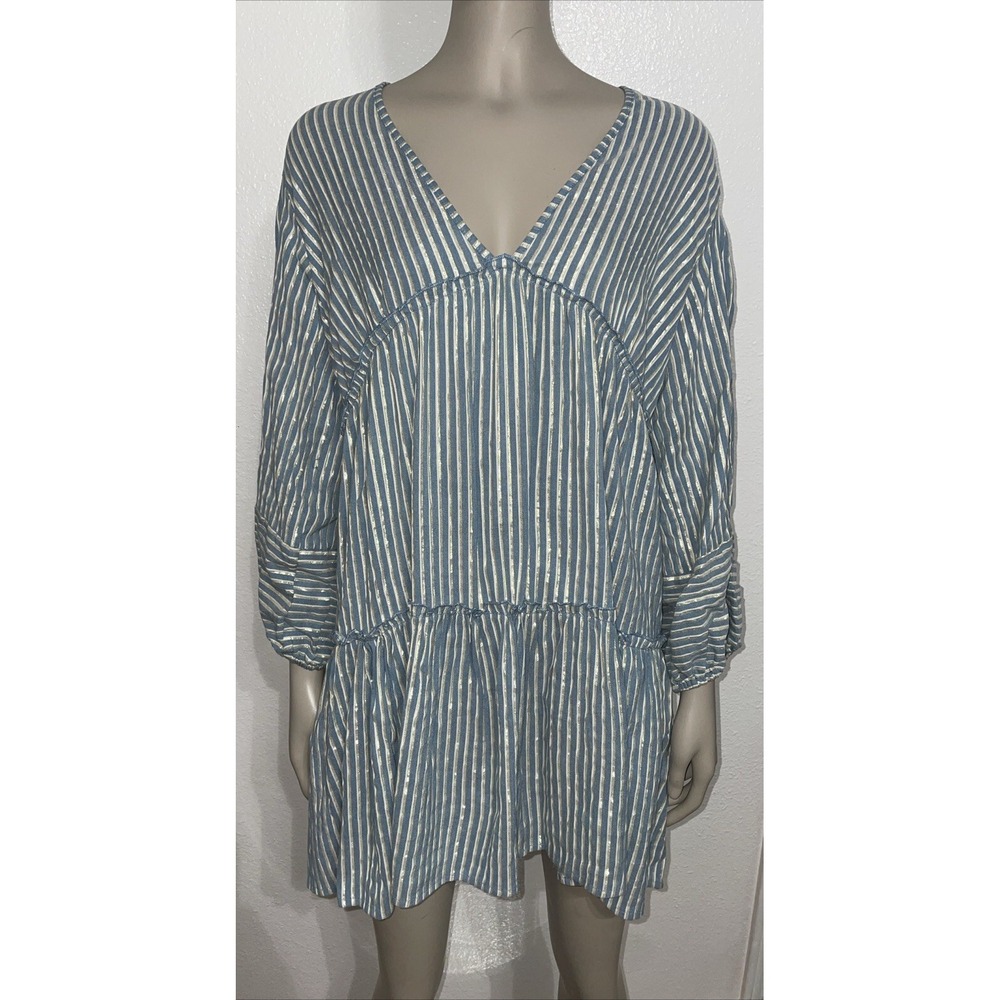 Blue Island Stripe Flutter Sleeve Tassel Tie Tiered Summer Dress Boho Beach Sz M